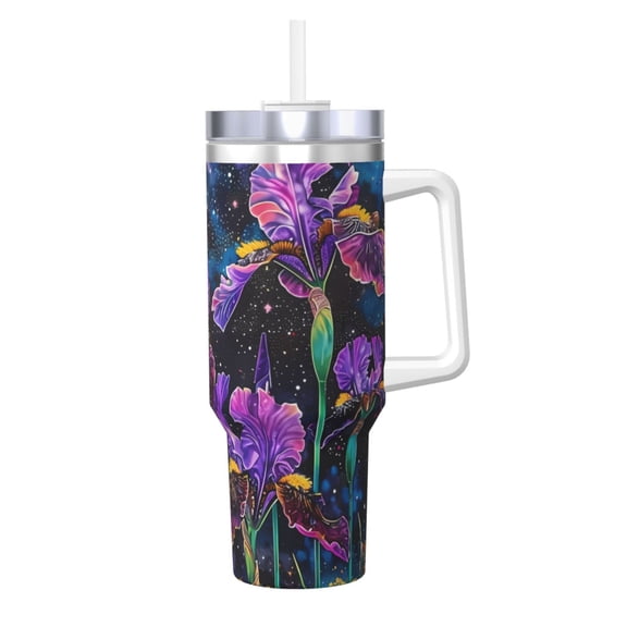 Logiee Starry Night Iris Field Print 40OZ Ice Bully Cup with Handle and Straw, Double Wall Stainless Steel Tumbler,Travel Coffee Cup with Lid, Summer Insulation and Cooling Cup
