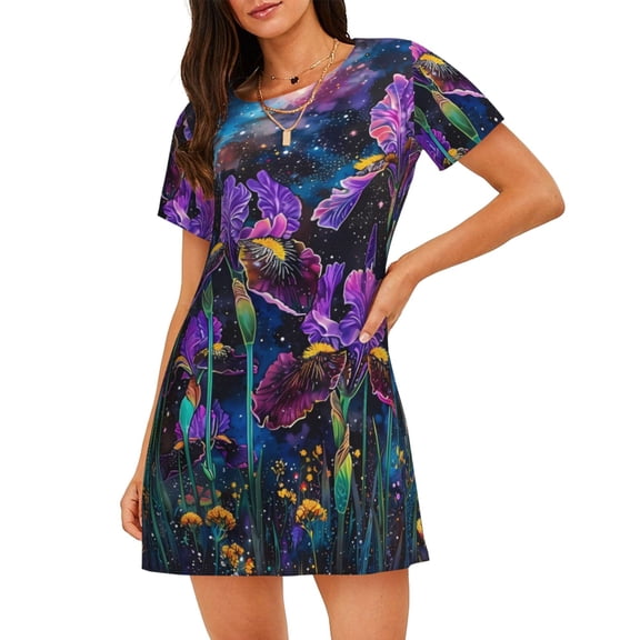Logiee Starry Night Iris Field Print Nightgowns for Women,Soft Short-Sleeved Lightweight Sleepwear, Loose Sleepshirts