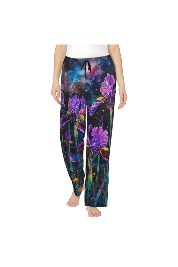 Starry Night Iris Field Print Women Pajama Pants,Comfy Pj Bottom with Pockets & Drawstring,Stretch Casual Sleepwear-X-Large