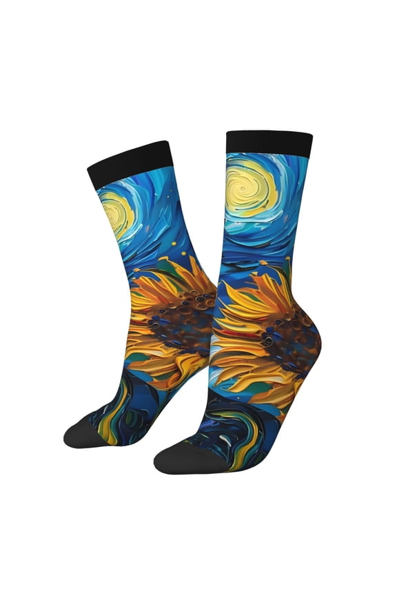 Starry Night Sunflower Field Print Adult Socks for Men & Women,Calf Socks, Ankle Socks,Boots Socks,Breathable Casual Sock,Unisex Crew Socks