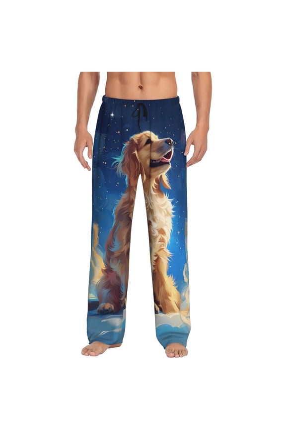 Starry Sky Cloud Dog Print Pajama Pants for Men,Men’s Pajama Bottoms,Mens PJ Pants with Pockets & Button Fly-Large