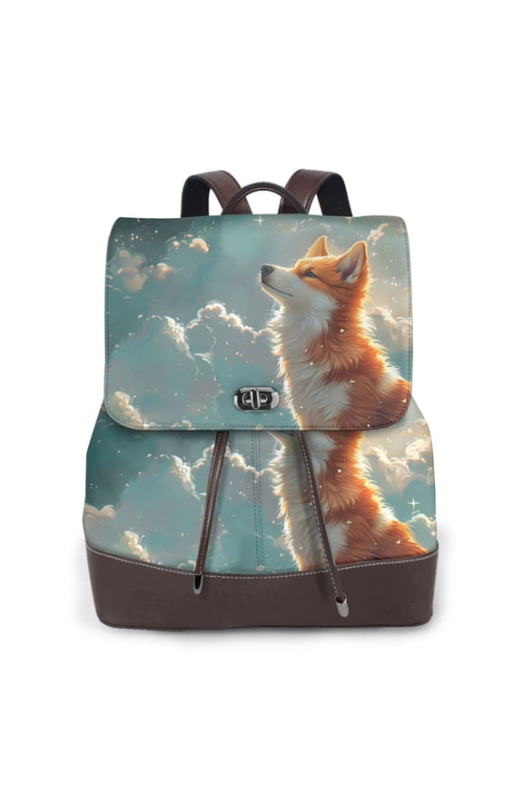 Starry Sky Cloud Fox Print Women's Leather Backpack,Travel Laptop Backpack,Fashion Ladies Leather Backpack Bag for Travel,Leather Drawstring Daypack for Me