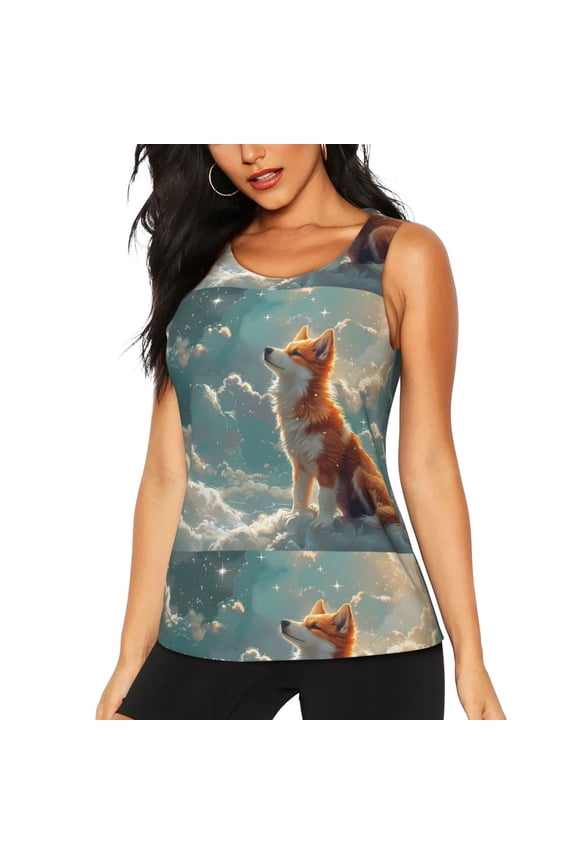 Starry Sky Cloud Fox Print Women's Workout Tank Top, Dry Fit Summer Tank Top,Gym Yoga Workout Sports Tee,Sleeveless Athletic Shirts-Large