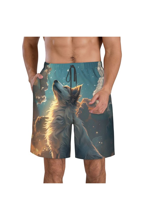 Starry Sky Cloud Wolf Print Mens Swim Trunks Quick Dry Board Shorts,Breathable Hawaii Beach Shorts Swimwear Bathing Suits-Small