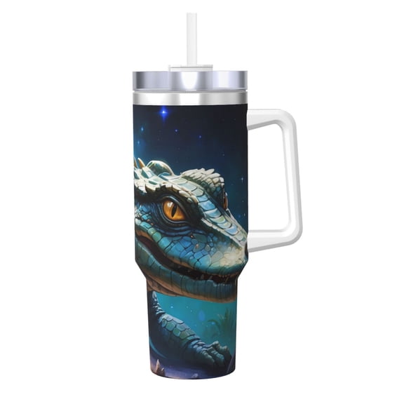 Logiee Starry Sky Colorful Crocodile A Print 40OZ Ice Bully Cup with Handle and Straw, Double Wall Stainless Steel Tumbler,Travel Coffee Cup with Lid, Summer Insulation and Cooling Cup
