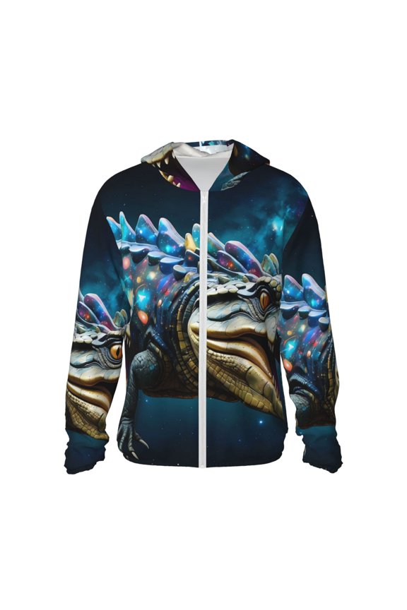 Starry Sky Colorful Crocodile Print Men's Women Light Jacket Full Zip Sun Protection Hoodie Long Sleeve Sun Shirts for Men Hiking Fishing Zip Pockets-