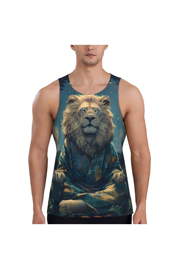 Starry Sky Meditating Lion Print Men's Workout Tank Top,Quick Dry Workout Tank Top,Gym Muscle Tee,Fitness Bodybuilding Sleeveless T Shirt-Large