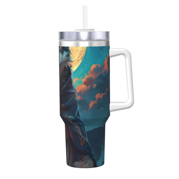 Logiee Starry Sky Moon Wolf Leader Print 40OZ Ice Bully Cup with Handle and Straw, Double Wall Stainless Steel Tumbler,Travel Coffee Cup with Lid, Summer Insulation and Cooling Cup