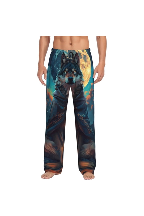 Starry Sky Moon Wolf Leader Print Pajama Pants for Men,Men’s Pajama Bottoms,Mens PJ Pants with Pockets & Button Fly-Large