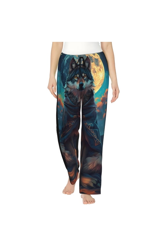 Starry Sky Moon Wolf Leader Print Women Pajama Pants,Comfy Pj Bottom with Pockets & Drawstring,Stretch Casual Sleepwear-Medium