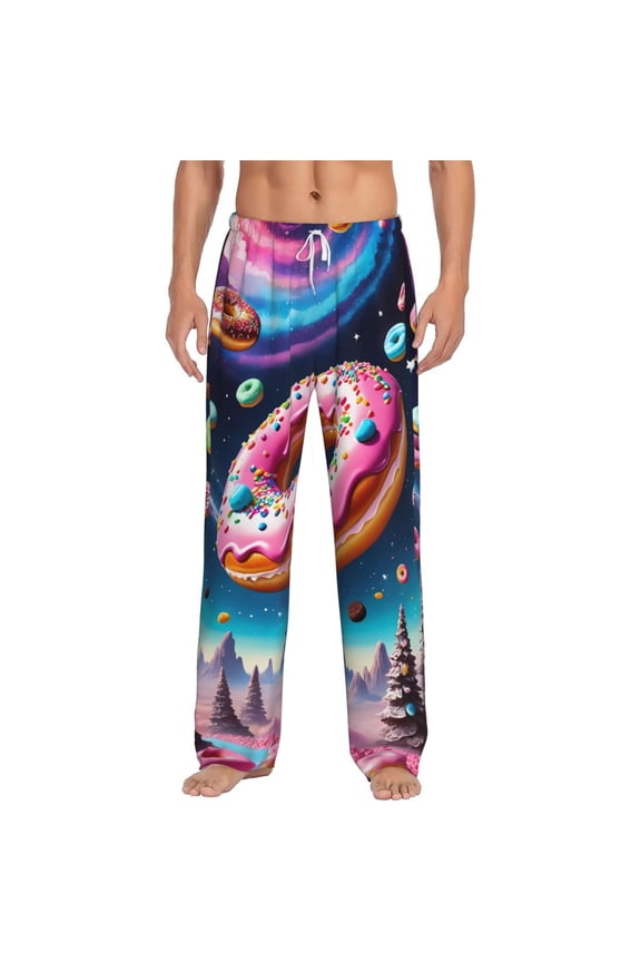 Starry Sky Pine Tree Donut Print Pajama Pants for Men,Men’s Pajama Bottoms,Mens PJ Pants with Pockets & Button Fly-3X-Large