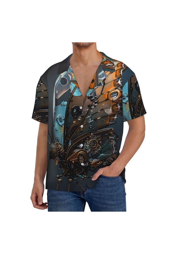 Steampunk Mechanical Butterfly Print Men's Button Down Shirts Short Sleeve, Summer Beach Shirts,Vacation Wedding Shirts,Men's Casual Button-Down Shirts with Pocket-X-Large