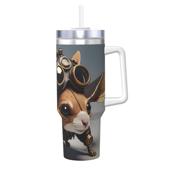 Logiee Steampunk Squirrel Pilot Print 40OZ Ice Bully Cup with Handle and Straw, Double Wall Stainless Steel Tumbler,Travel Coffee Cup with Lid, Summer Insulation and Cooling Cup