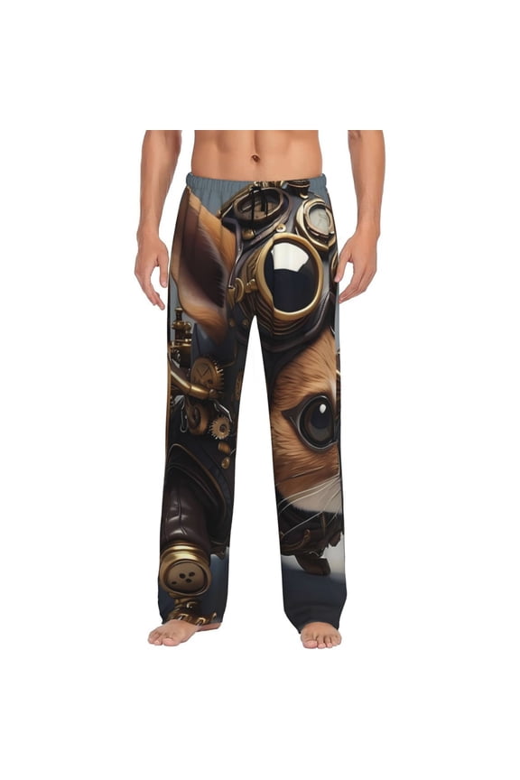 Steampunk Squirrel Pilot Print Pajama Pants for Men,Men’s Pajama Bottoms,Mens PJ Pants with Pockets & Button Fly-Large