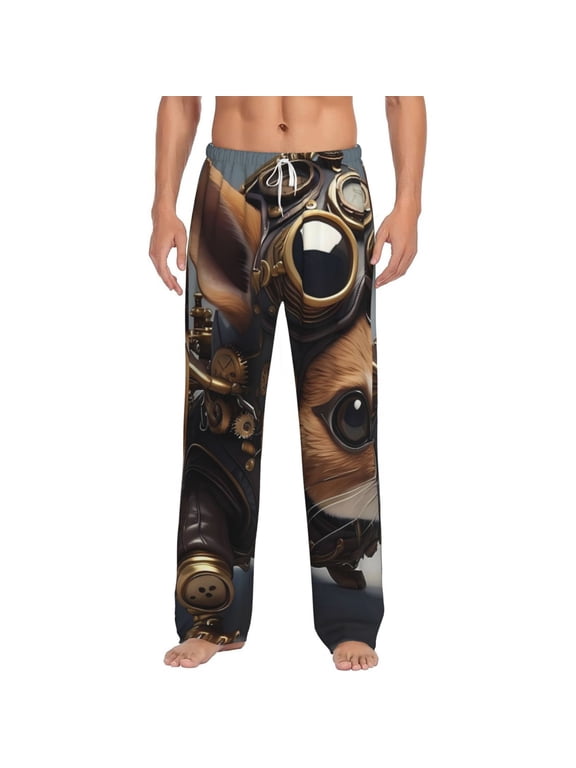 Steampunk Squirrel Pilot Print Pajama Pants for Men,Men’s Pajama Bottoms,Mens PJ Pants with Pockets & Button Fly-Medium