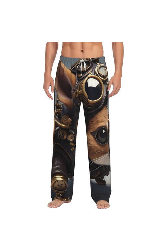 Steampunk Squirrel Pilot Print Pajama Pants for Men,Men’s Pajama Bottoms,Mens PJ Pants with Pockets & Button Fly-Small
