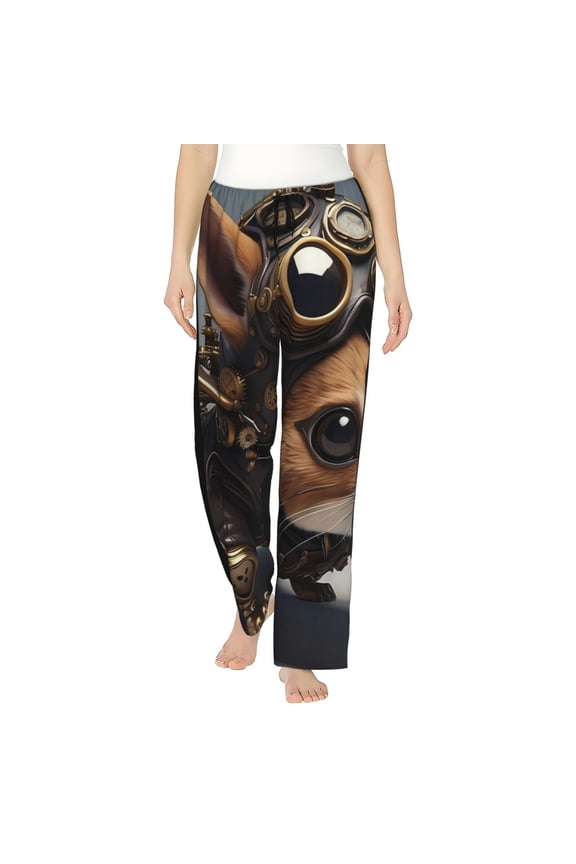 Steampunk Squirrel Pilot Print Women Pajama Pants,Comfy Pj Bottom with Pockets & Drawstring,Stretch Casual Sleepwear-X-Large