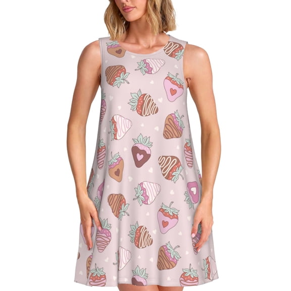 Logiee Strawberry Cake Print Summer Dresses for Women,Beach Sleeveless Flowy Pocket Tshirt Tank Sundresses,Women's Sleeveless Dress