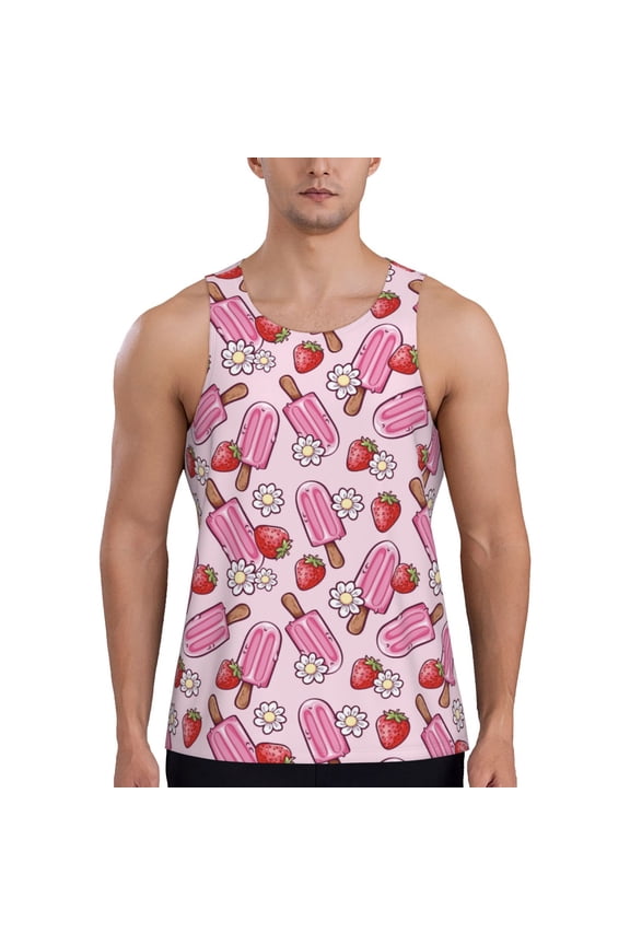 Strawberry Popsicle Print Men's Workout Tank Top,Quick Dry Workout Tank Top,Gym Muscle Tee,Fitness Bodybuilding Sleeveless T Shirt-