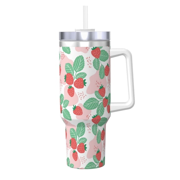 Logiee Strawberry Print 40OZ Ice Bully Cup with Handle and Straw, Double Wall Stainless Steel Tumbler,Travel Coffee Cup with Lid, Summer Insulation and Cooling Cup