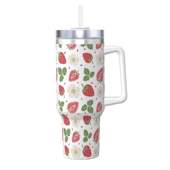 Logiee Strawberry Print 40OZ Ice Bully Cup with Handle and Straw, Double Wall Stainless Steel Tumbler,Travel Coffee Cup with Lid, Summer Insulation and Cooling Cup
