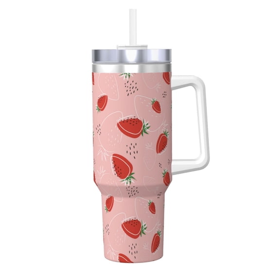 Logiee Strawberry Print 40OZ Ice Bully Cup with Handle and Straw, Double Wall Stainless Steel Tumbler,Travel Coffee Cup with Lid, Summer Insulation and Cooling Cup