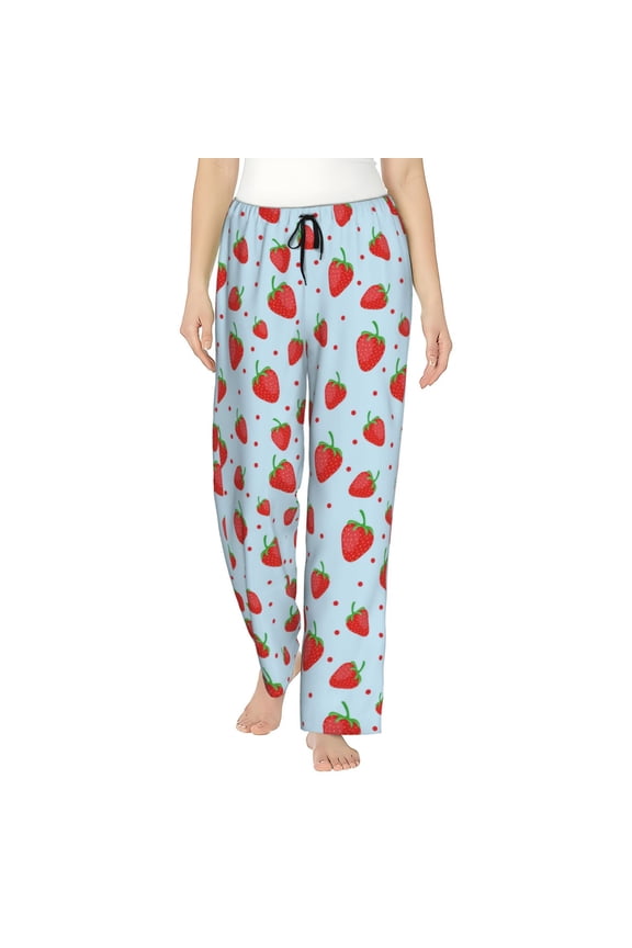 Strawberry Print Women Pajama Pants,Comfy Pj Bottom with Pockets & Drawstring,Stretch Casual Sleepwear-Large