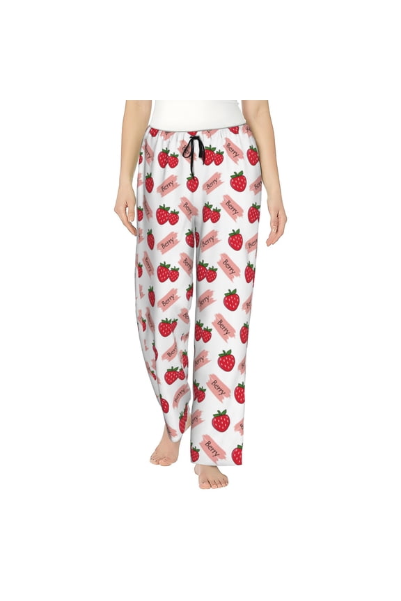 Strawberry Print Women Pajama Pants,Comfy Pj Bottom with Pockets & Drawstring,Stretch Casual Sleepwear-Large