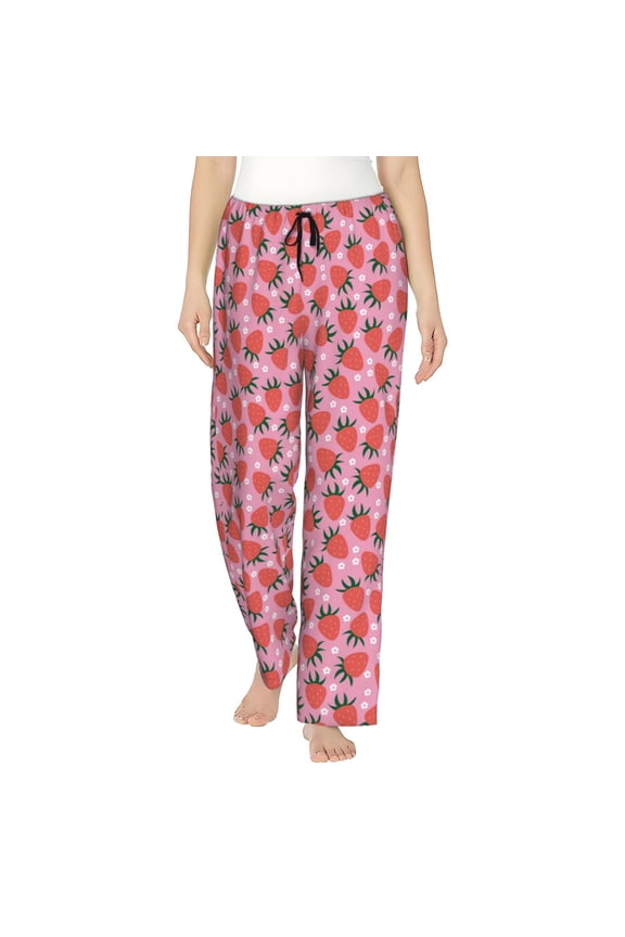 Strawberry Print Women Pajama Pants,Comfy Pj Bottom with Pockets & Drawstring,Stretch Casual Sleepwear-Small