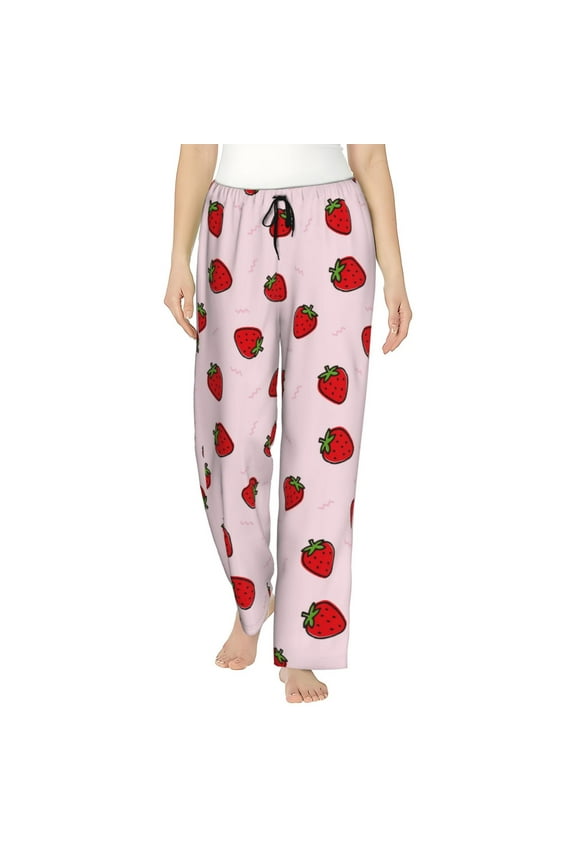 Strawberry Print Women Pajama Pants,Comfy Pj Bottom with Pockets & Drawstring,Stretch Casual Sleepwear-Small
