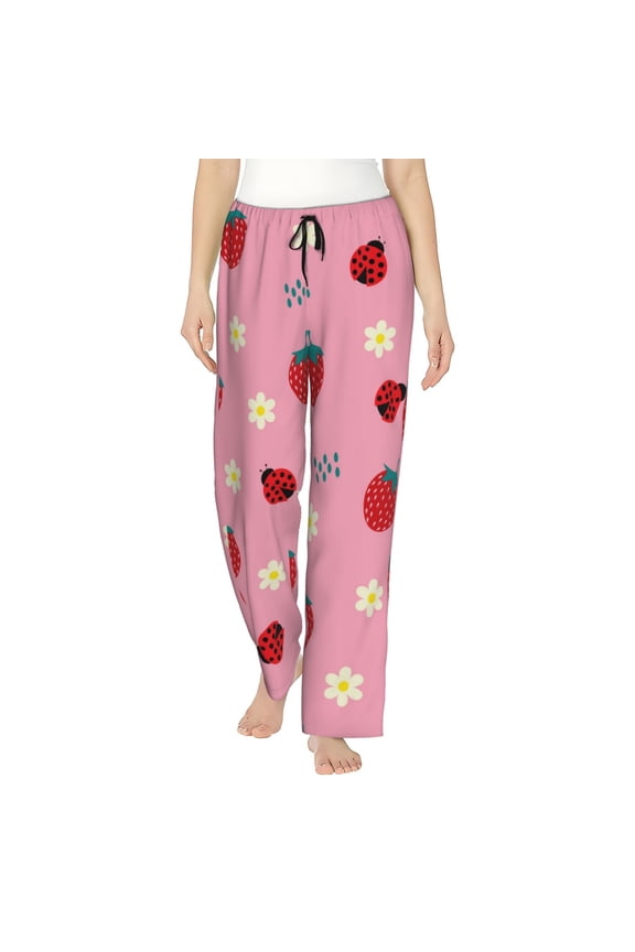 Strawberry and Ladybugs Print Women Pajama Pants,Comfy Pj Bottom with Pockets & Drawstring,Stretch Casual Sleepwear-Medium