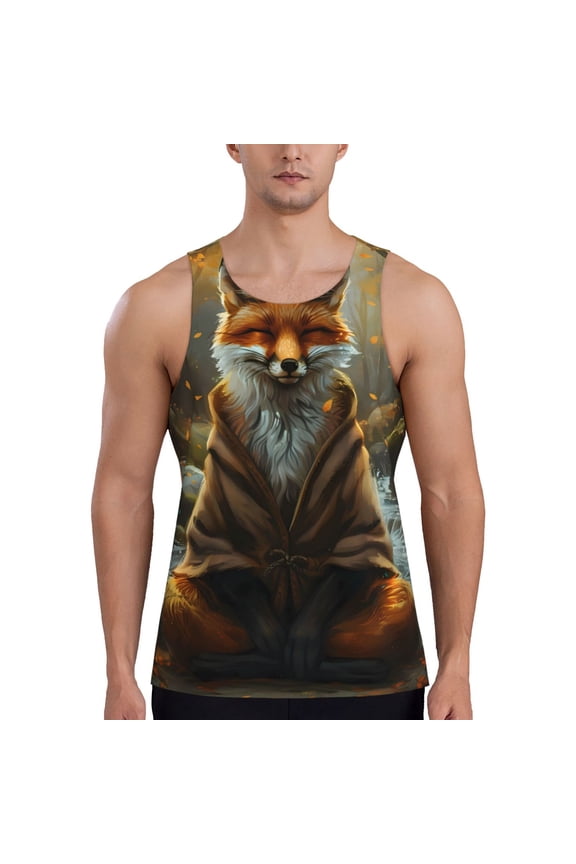 Streamside Meditating Fox Print Men's Workout Tank Top,Quick Dry Workout Tank Top,Gym Muscle Tee,Fitness Bodybuilding Sleeveless T Shirt-Large
