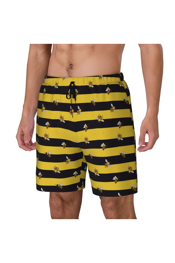 Striped With Bees Print Men's Swim Trunk,Quick Dry Board Shorts ,Men's Swim Trunks with Compression Liner, Bathing Suits with Pockets-Large