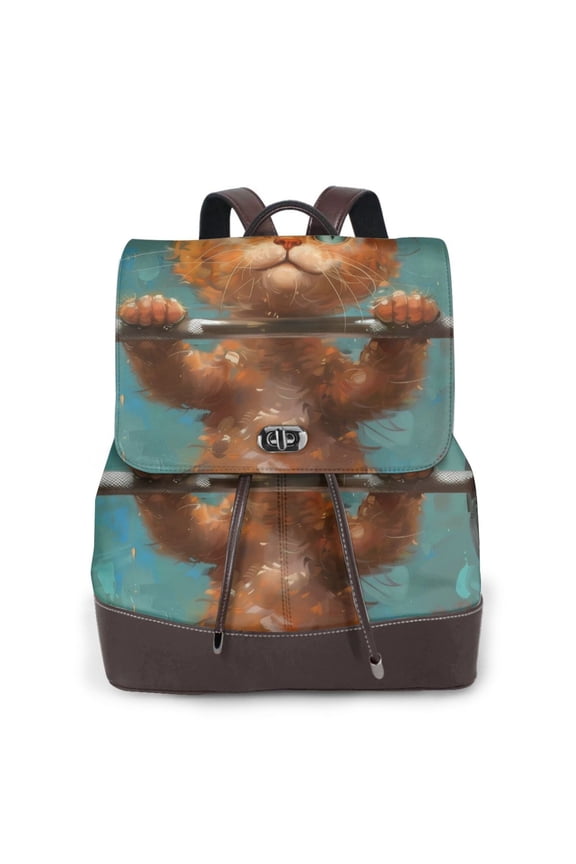 Logiee Strong Kitten Lifting Weights Print Backpack Purse for Women,Fashion Leather Backpack Purse,Women's Leather Backpack for Work College Travel