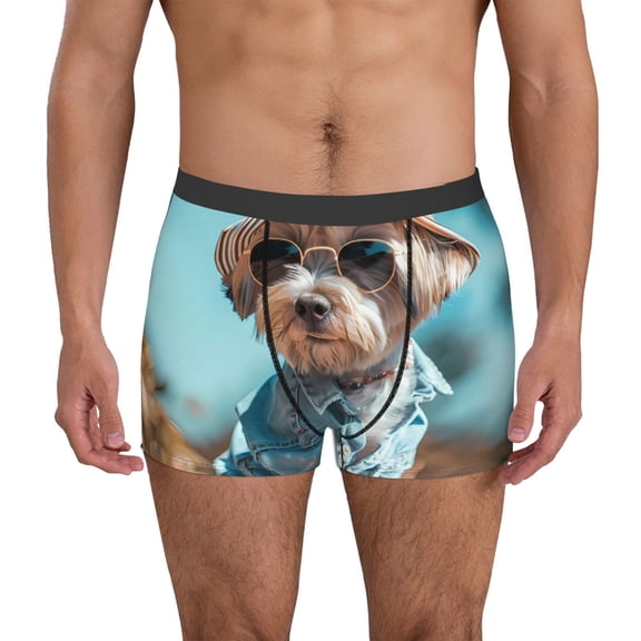 Logiee Stylish Dog in Denim Outfit Print Mens Boxer Briefs,Boxer Briefs for Men,Breathable Stretch Underwear,Boys Boxer Briefs-Large