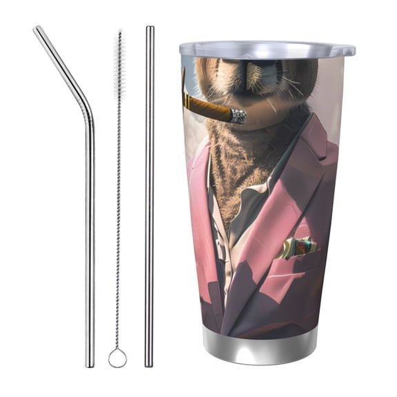 Logiee Stylish Kangaroo In Suit Print 20OZ Car Cup with Lid, Stainless Steel Vacuum Insulated Double Wall Travel Tumbler, Durable Insulated Coffee Mug,Thermal Cup with Straw-Straw Three-piece Set