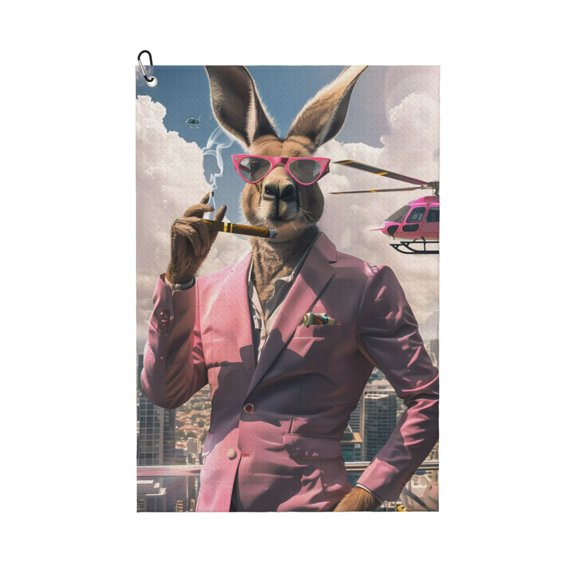 Logiee Stylish Kangaroo In Suit Print Golf Towels,16" x 24" Portable Golf Towel for Golf Bag with Carabiner Clip to Quickly Remove Sand,Mud and Sweat
