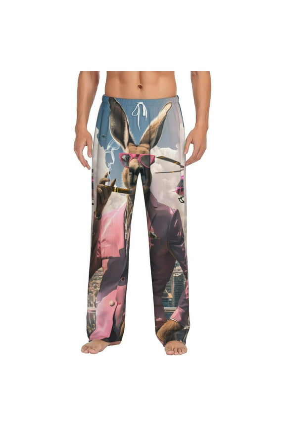 Stylish Kangaroo In Suit Print Pajama Pants for Men,Men’s Pajama Bottoms,Mens PJ Pants with Pockets & Button Fly-Medium