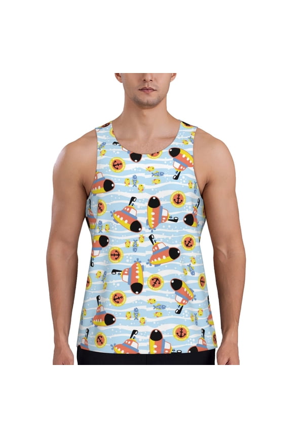 Submarine With Fishes Undersea Print Men's Workout Tank Top,Quick Dry Workout Tank Top,Gym Muscle Tee,Fitness Bodybuilding Sleeveless T Shirt-X-Large