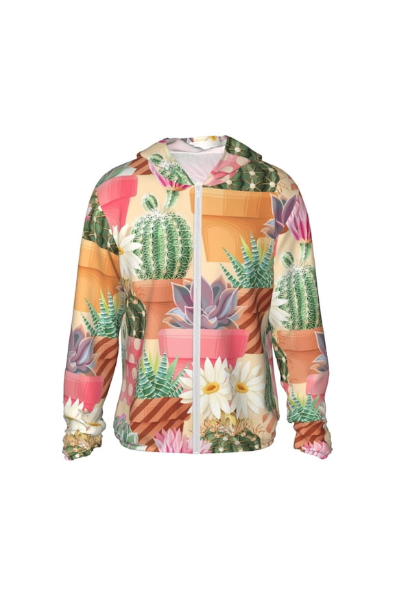 Succulent And Cactus Print Men's Women Light Jacket Full Zip Sun Protection Hoodie Long Sleeve Sun Shirts for Men Hiking Fishing Zip Pockets-