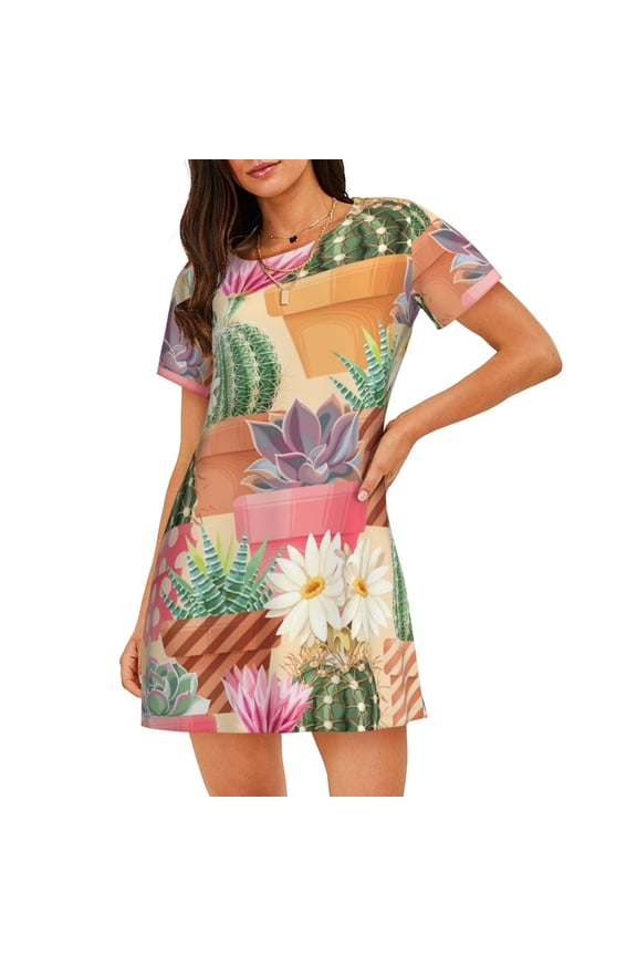 Succulent And Cactus Print Nightgowns for Women,Soft Short-Sleeved Lightweight Sleepwear, Loose Sleepshirts