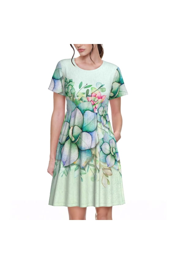 Succulent Print Womens Summer Dress,Casual Short Sleeve Sundresses,Beach A-line Shift Dress with Pockets