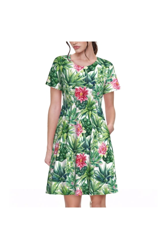 Succulents 1 Print Womens Summer Dress,Casual Short Sleeve Sundresses,Beach A-line Shift Dress with Pockets