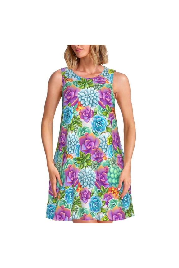 Succulents Print Summer Dresses for Women,Beach Sleeveless Flowy Pocket Tshirt Tank Sundresses,Women's Sleeveless Dress