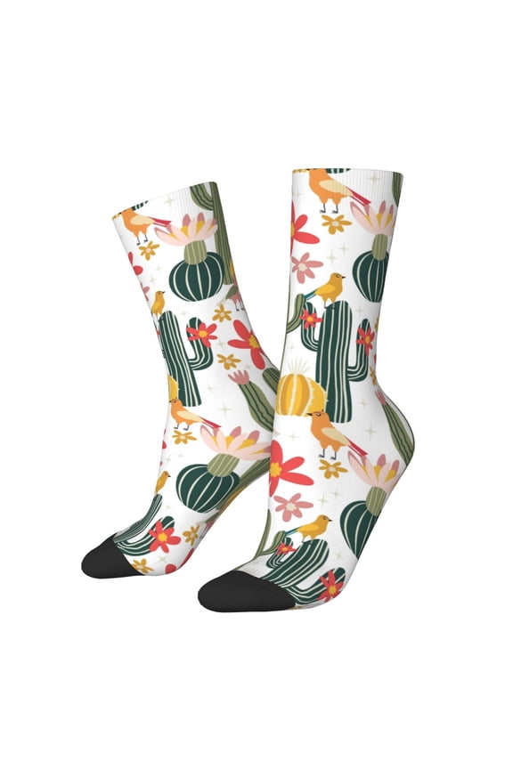 Summer Cactus With Blooming Print Adult Socks for Men & Women,Calf Socks, Ankle Socks,Boots Socks,Breathable Casual Sock,Unisex Crew Socks
