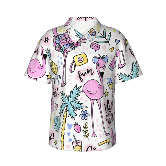 Logiee Summer with Flamingo Print Mens Hawaiian Shirts,Loose-Fit Short Sleeve Button Down Tropical Aloha Beach Shirt,Summer Vacation Wedding Tops,Medium
