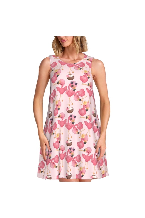 Summer Flamingo Print Summer Dresses for Women,Beach Sleeveless Flowy Pocket Tshirt Tank Sundresses,Women's Sleeveless Dress