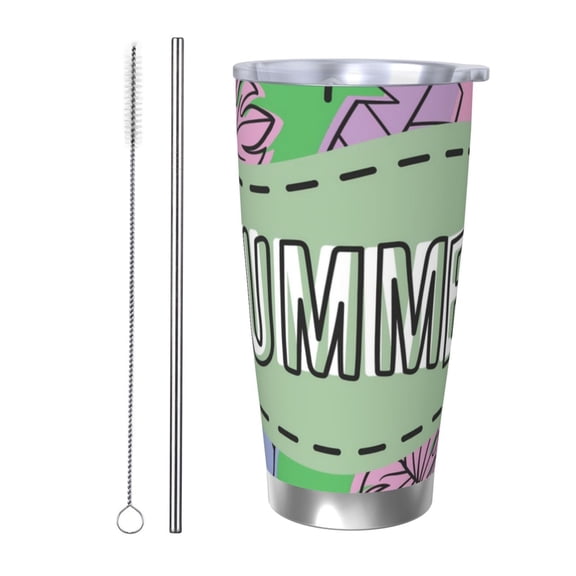 Logiee Summer Print 20OZ Car Cup with Lid, Stainless Steel Vacuum Insulated Double Wall Travel Tumbler, Durable Insulated Coffee Mug,Thermal Cup with Straw-Straw Two-piece Set