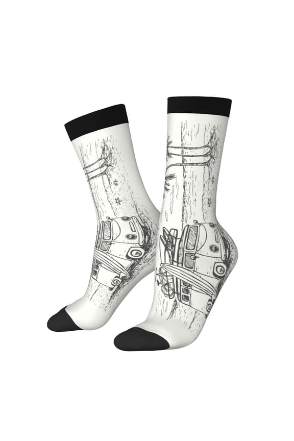 Summer Vacation Scene With Camping Van Print Adult Socks for Men & Women,Calf Socks, Ankle Socks,Boots Socks,Breathable Casual Sock,Unisex Crew Socks