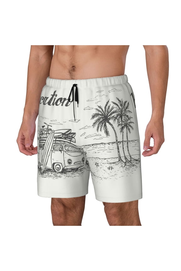 Summer Vacation Scene With Camping Van Print Men's Swim Trunk,Quick Dry Board Shorts ,Men's Swim Trunks with Compression Liner, Bathing Suits with Pockets-XX-Large